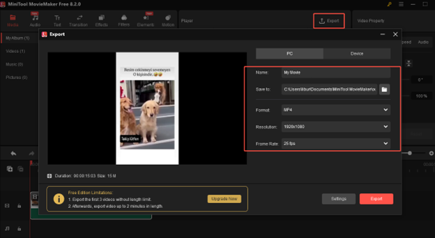 Click on Export to customize the output settings in MiniTool MovieMaker