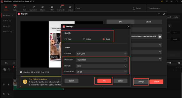 Clicking Settings, change video quality, resolution, bitrate, or frame rate, and click on OK to save the changes in MiniTool MovieMaker