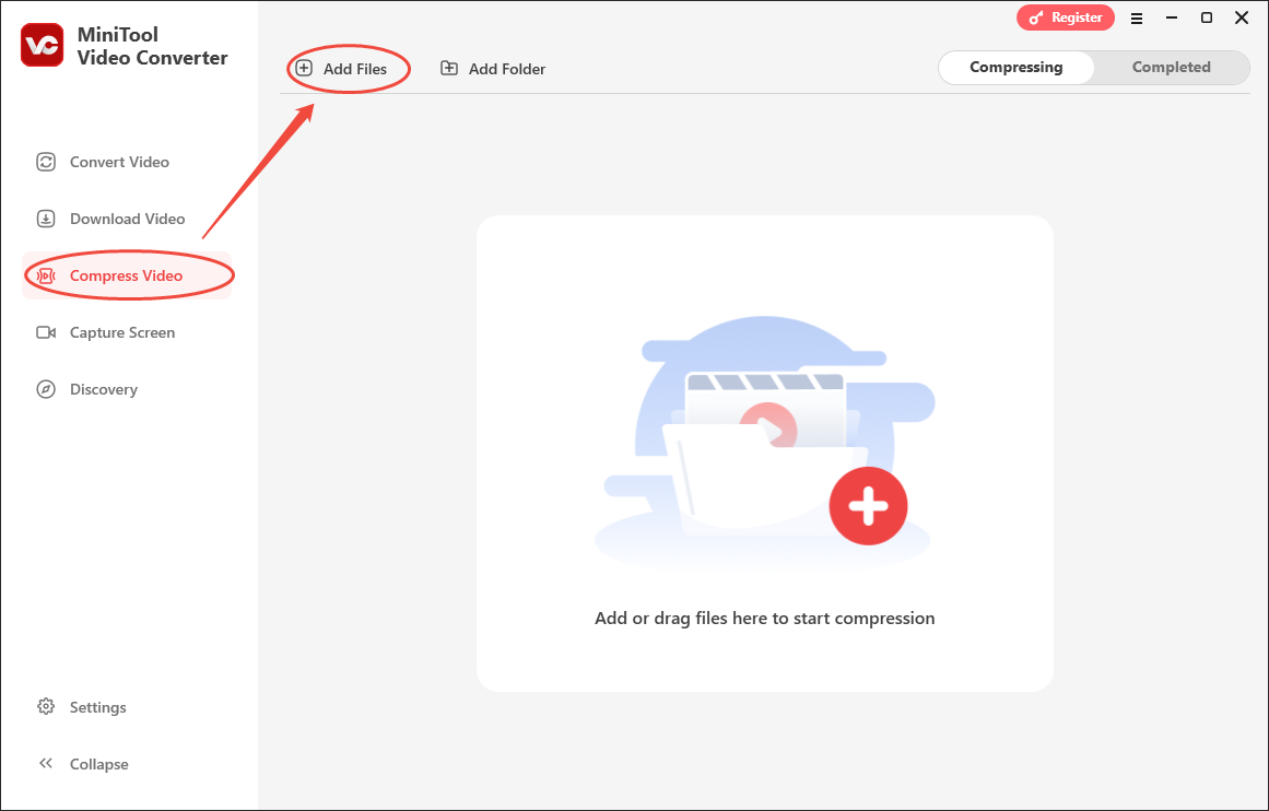 Click on Add Files in MiniTool Video Converter’s Compress Video module to upload your WordPress videos