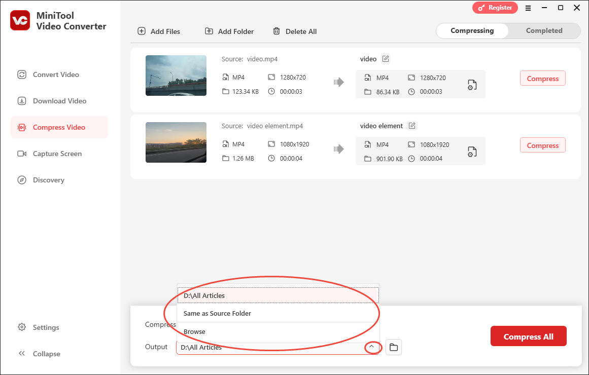Expand the Output option in MiniTool Video Converter to choose an output location for your compressed files