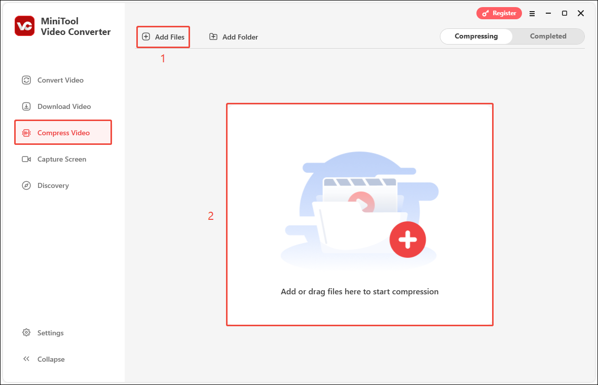 Choose Compress Video, click Add or drag files here to start compression or Add Files to import your video files in MiniTool Video Converter