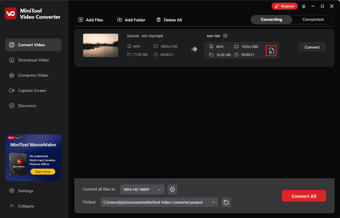 Click the Settings icon in MiniTool Video Converter