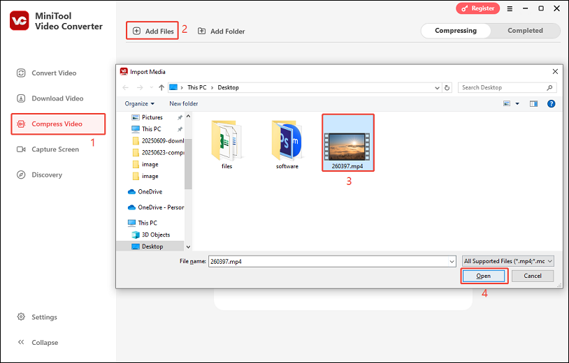 Switch to Compress Video, click Add Files, select the video, and click on Open to import the video you want to compress in MiniTool Video Converter