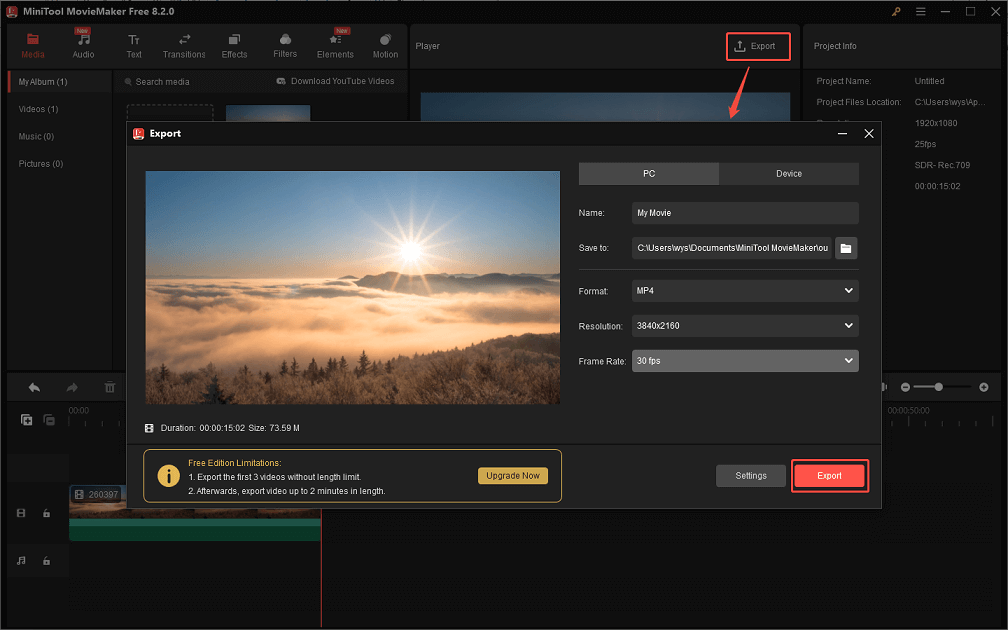 Keep the original format, resolution, and frame rate, and click Export to export the video in MiniTool MovieMaker