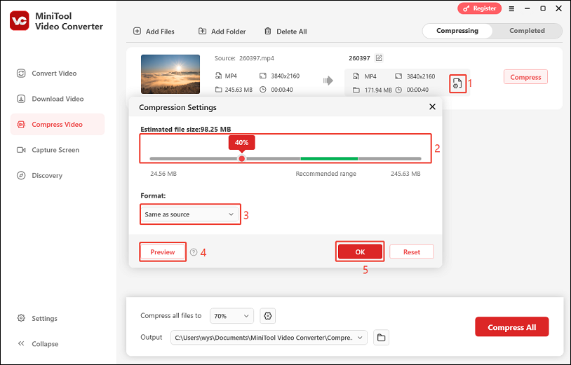 Click the settings icon, drag the percentage slider, expand the Format menu, and click Preview > OK to adjust the compression settings in MiniTool Video Converter