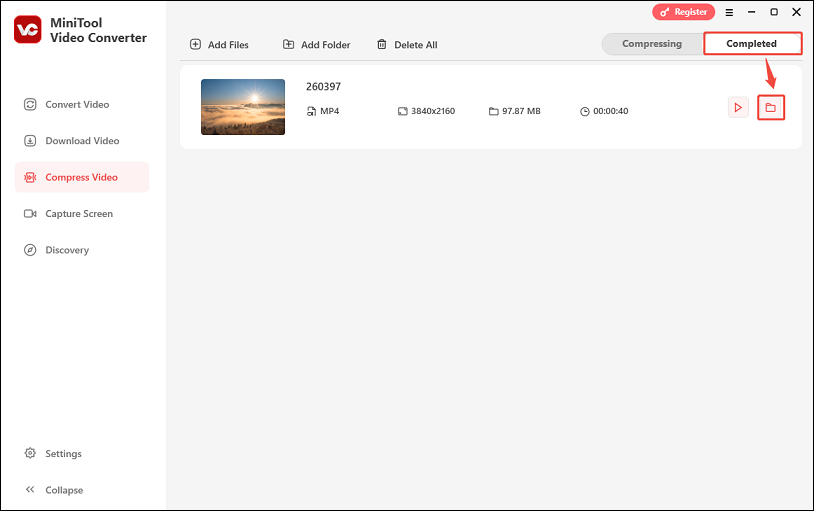 Click the folder icon under the Completed tab to check the compressed video in MiniTool Video Converter