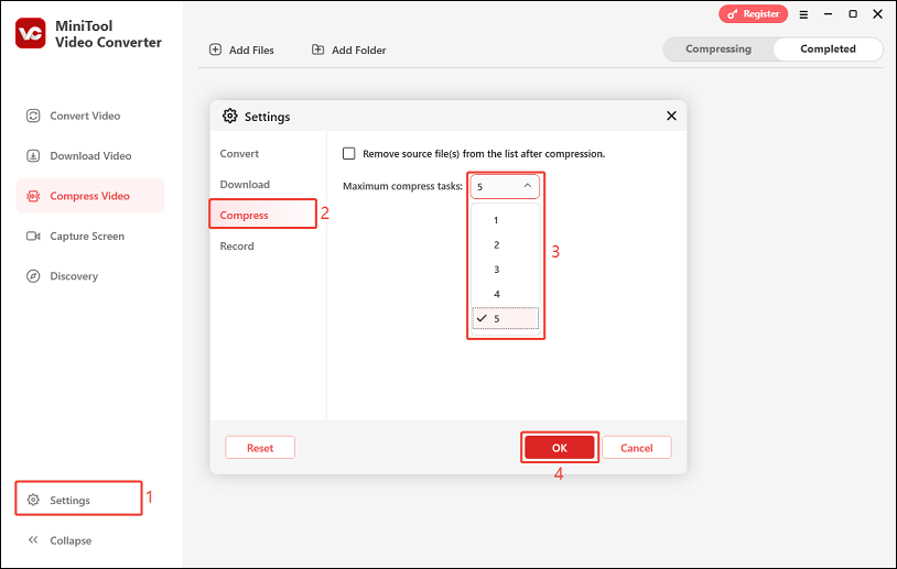 Click on Settings and select the Compress tab to set the maximum compress tasks, and click on OK in MiniTool Video Converter