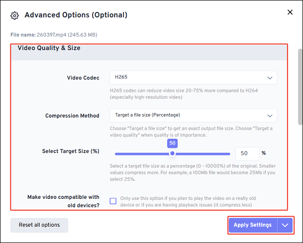 Adjust the advanced settings and click on Apply Settings for compressing the video with FreeConvert