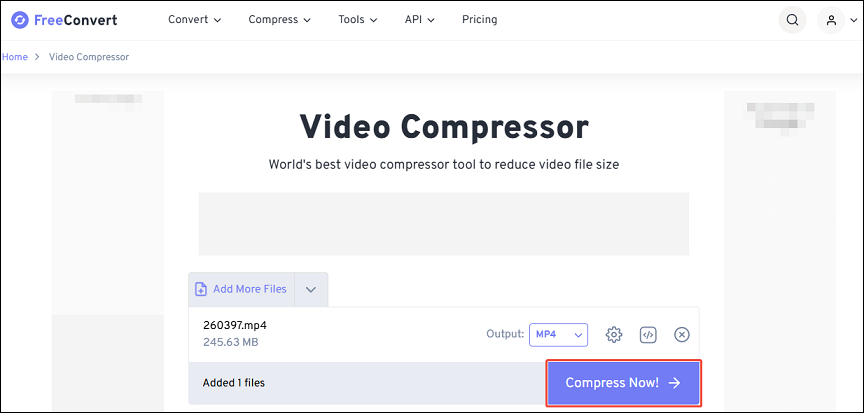 Click on the Compress Now button to compress the video with FreeConvert