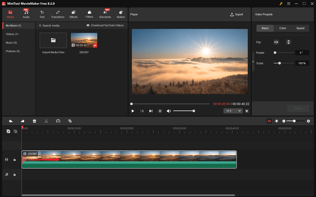 Mouse over the start of the video clip until an arrow appears and drag the arrow rightwards to trim the beginning of the video in MiniTool MovieMaker