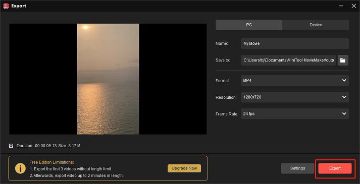 Click the Export button to start compression in MiniTool MovieMaker