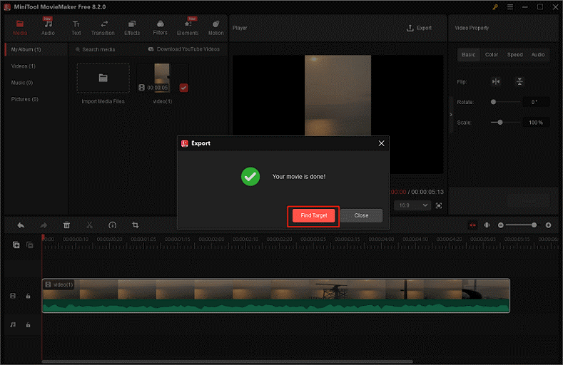 Click the Find Target button in MiniTool MoiveMaker to locate the compressed file