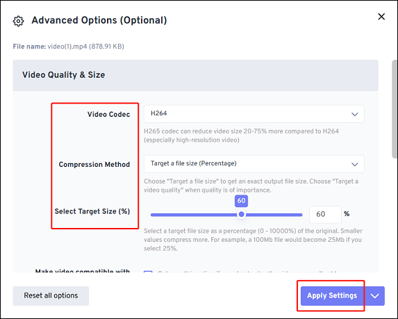 Choose a video codec, a compression method, and a target video size for WebM video, and click on Apply Settings to save the settings in FreeConvert Video Compressor