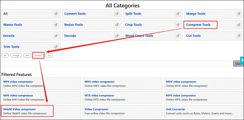 Click on Compress Tools, select Video, and select the WebM Video compressor option in XConvert