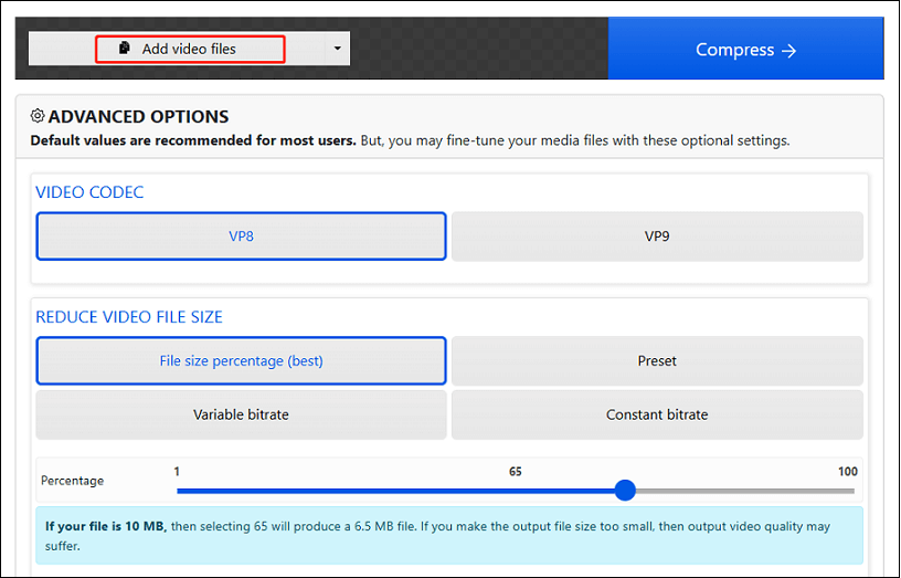 Click Add video files to import the WebM file to XConvert