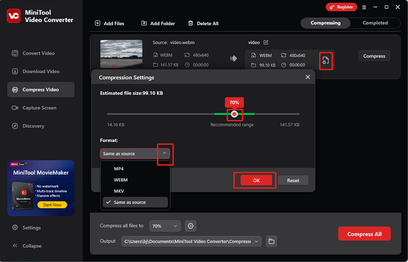 Select the preferred output format and file size in MiniTool Video Converter’s Compression Settings window