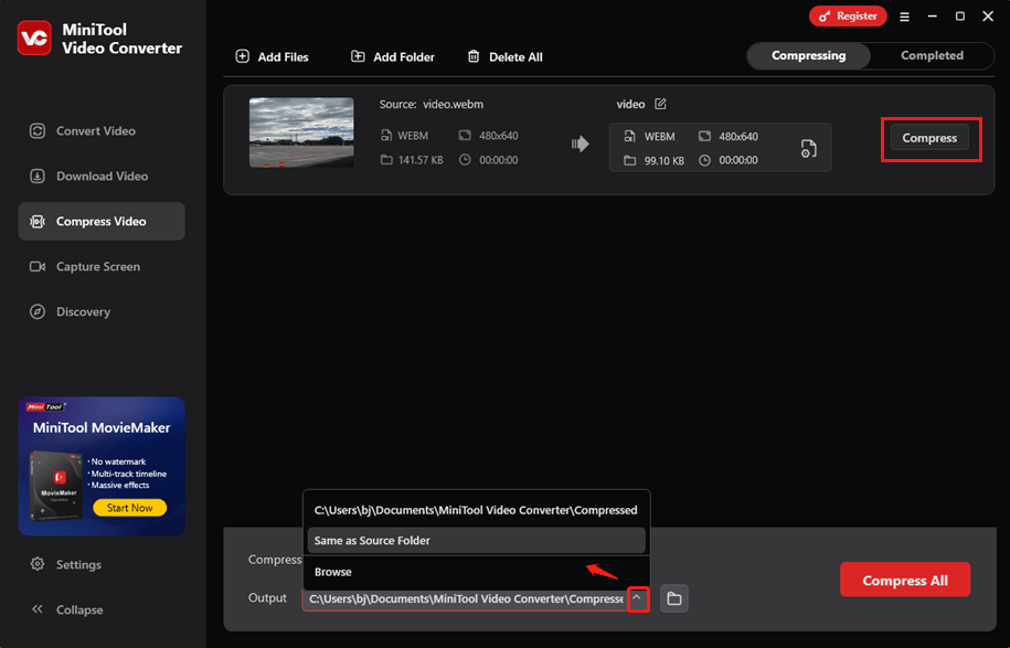 Open the Output option at the bottom and choose a save path in MiniTool Video Converter