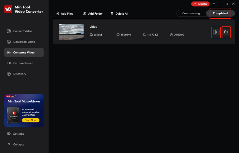 Click the Play icon in MiniTool Video Converter to view the video, or click the Folder icon to locate it