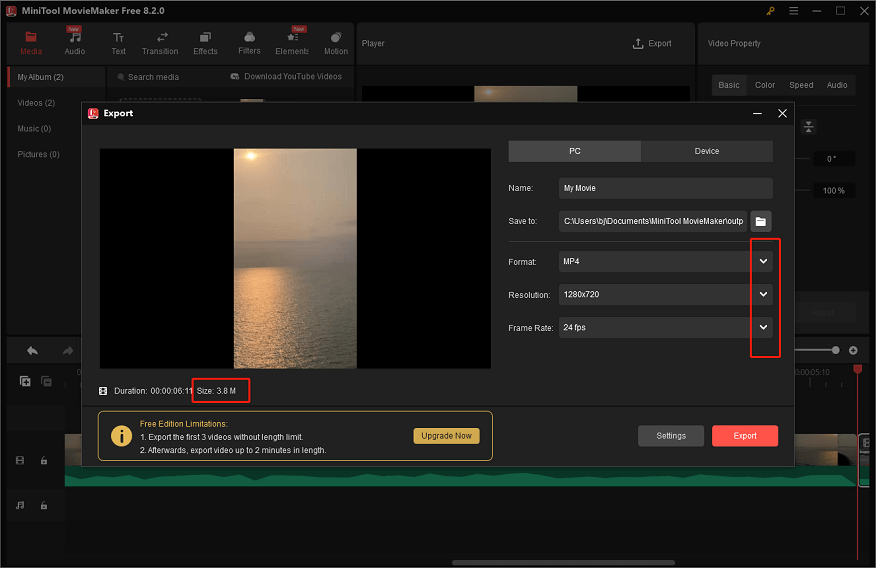 Compress the video by customizing frame rate, resolution, and format in MiniTool MovieMaker