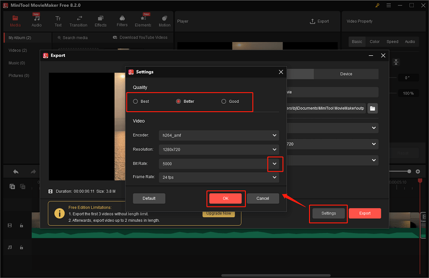 Change the video quality and bitrate in MiniTool MovieMaker to compress WebM file