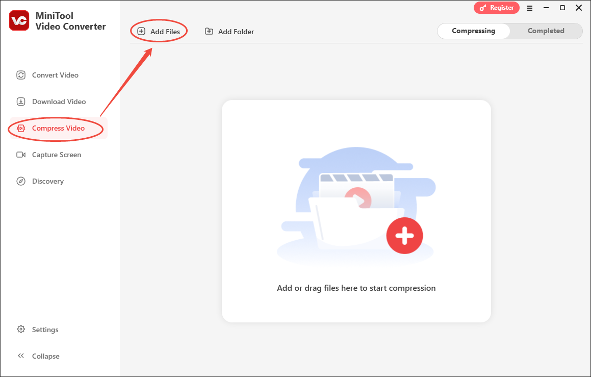 Click on the Add Files option in MiniTool Video Converter’s Compress Video module to import your XVID files