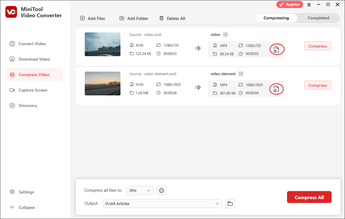 Click on the Settings icon in MiniTool Video Converter to enter the Compression Settings window