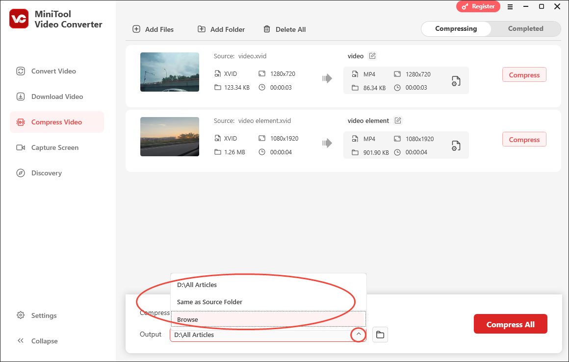 Expand the Output option at the bottom of MiniTool Video Converter to choose a saving path