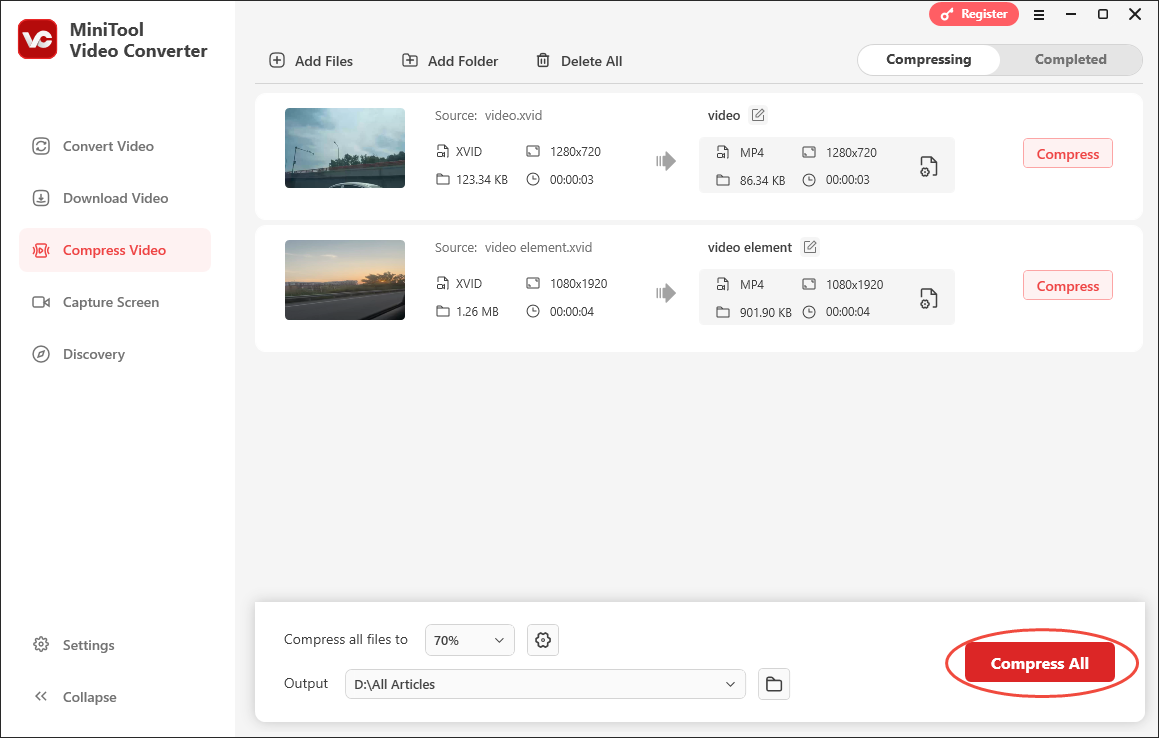 Click on the Convert All button in MiniTool Video Converter to begin compressing your XVID files