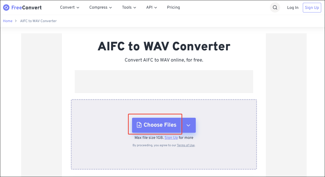 Click on Choose Files in FreeConvert to import your AIFC files
