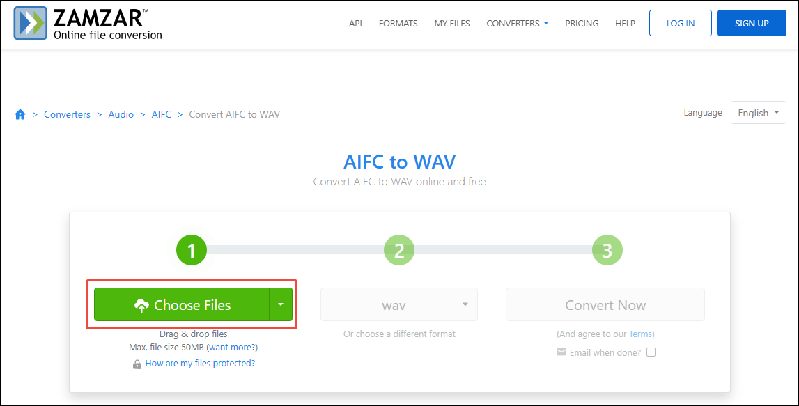 Click on Choose Files in Zamzar to input your AIFC files