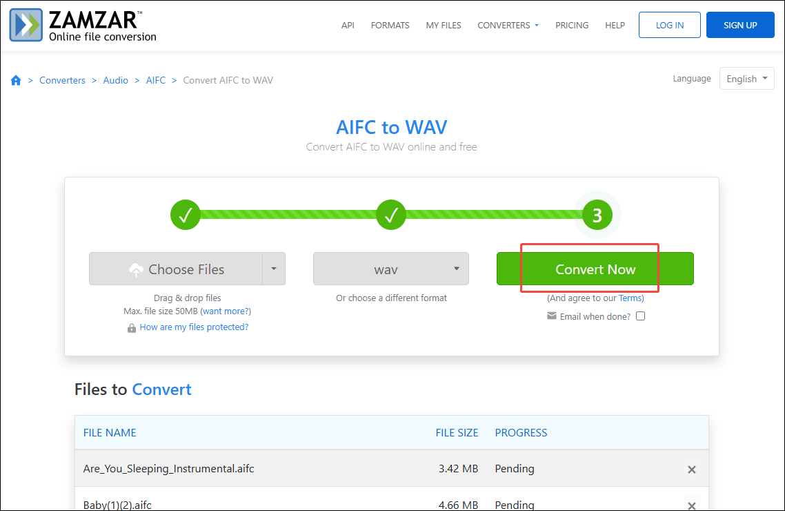 Click on Convert Now in Zamzar to start the conversion process