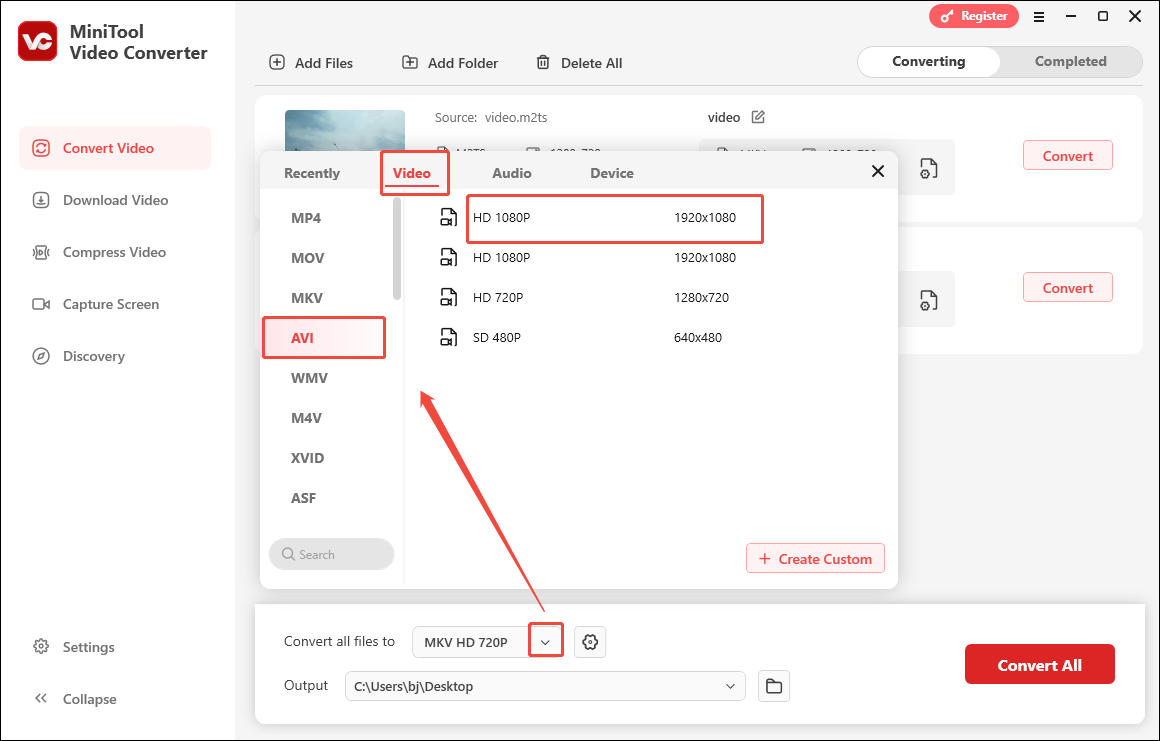 Expand the Convert all files to option in MiniTool Video Converter and choose AVI HD 1080P as the output format