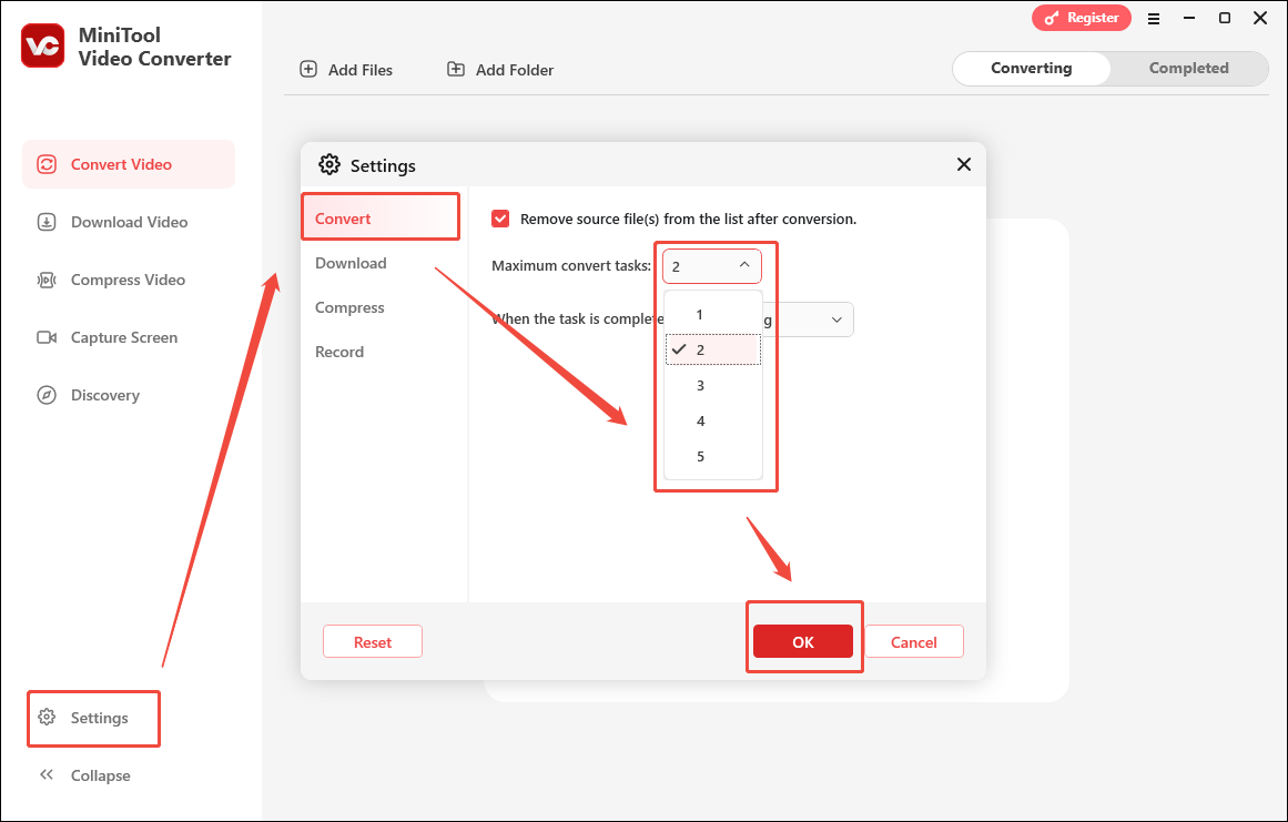 Configure the maximum conversion tasks in the Settings window of MiniTool Video Converter