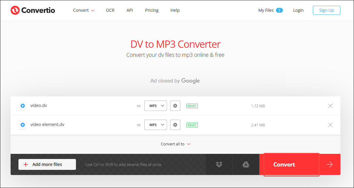 Click on Convert in Convertio to begin the conversion from DV to MP3