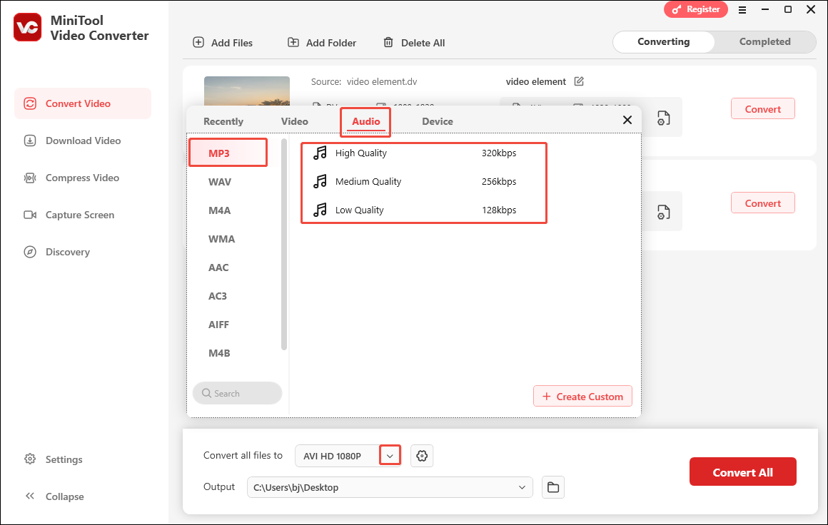 Expand the Convert all files to option in MiniTool Video Converter and choose MP3 as the output format