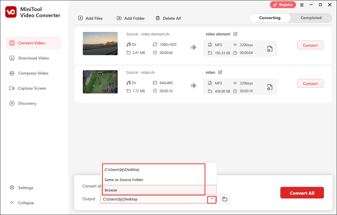 Expand the Output option in MiniTool Video Converter to choose a saving path for your converted files