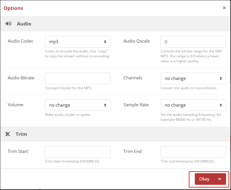 Configure conversion settings in the Options window of CloudConvert and click on Okay to save the changes
