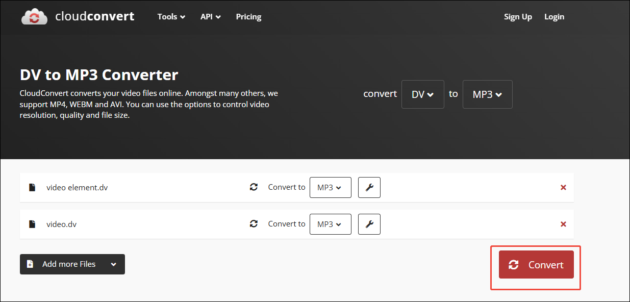Click on Convert in CloudConvert to begin the conversion from DV to MP3