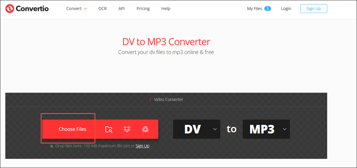 Click Choose Files in Convertio to import your DV videos