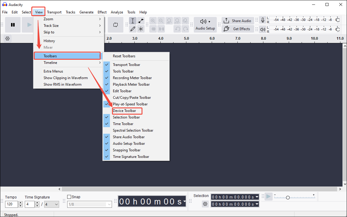 Click Device Toolbars under the View option in Audacity to enable the device toolbar