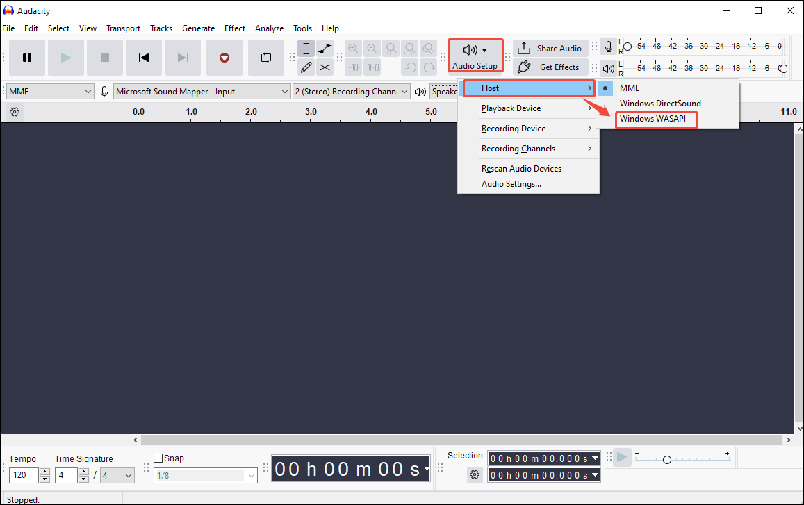 Click on Audio Setup in Audacity, choose Host and Windows WASAPI to enable the audio recording