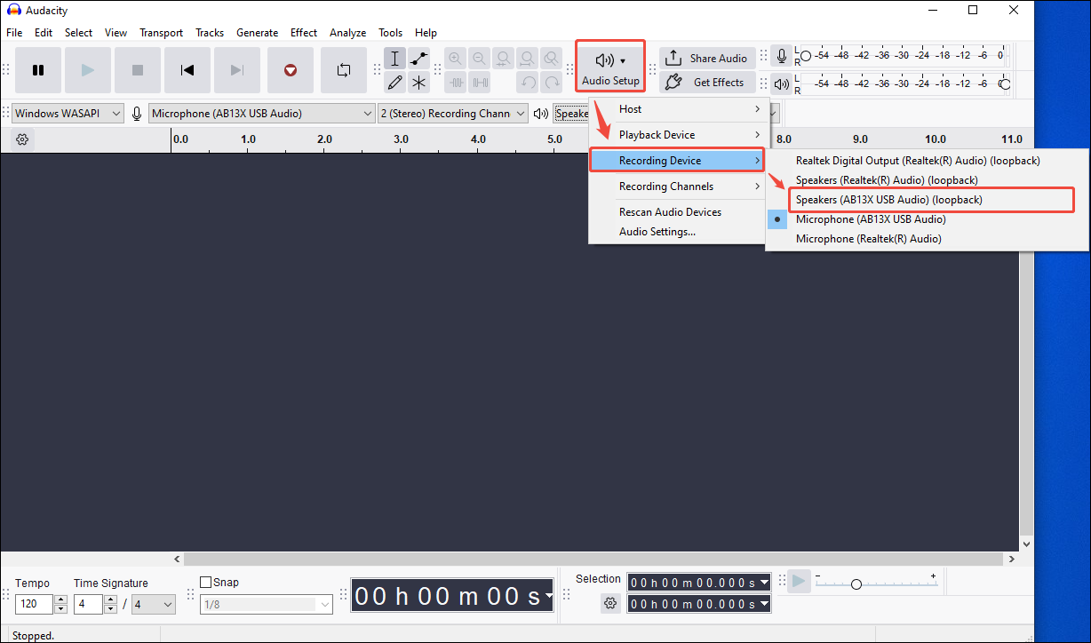 Choose Speakers (AB13X USB Audio) (loopback) under the Recording device option in Audacity