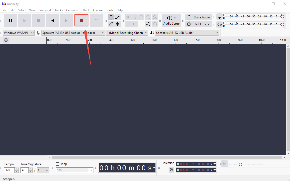 Click on Record in Audacity to start the recording process