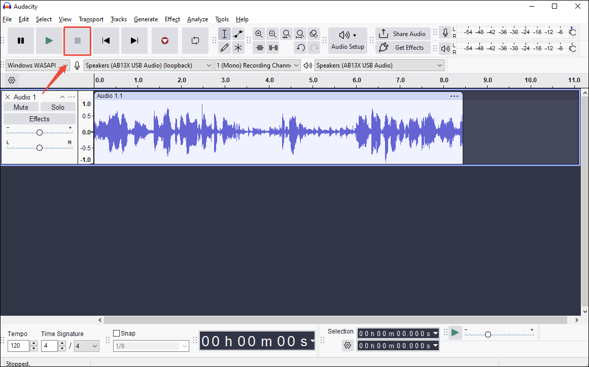 Click on Stop in Audacity to end the recording process