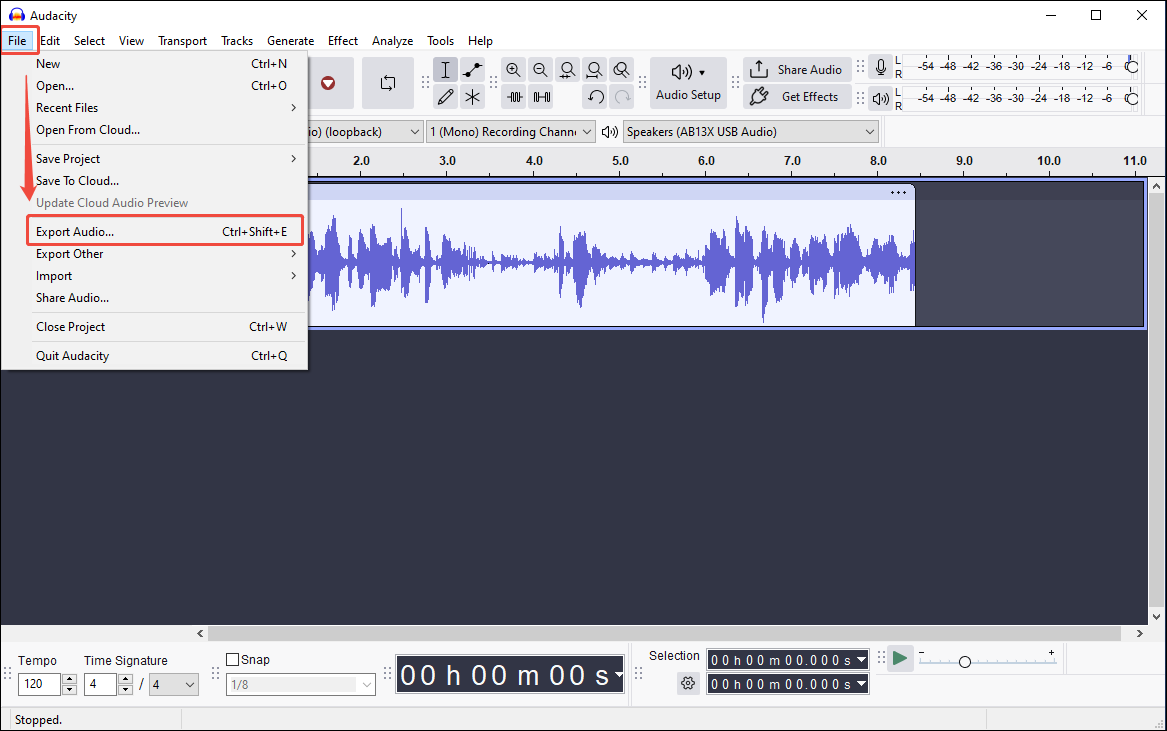 Click on Export Audio… under the File option of Audacity to enter the Export Audio window