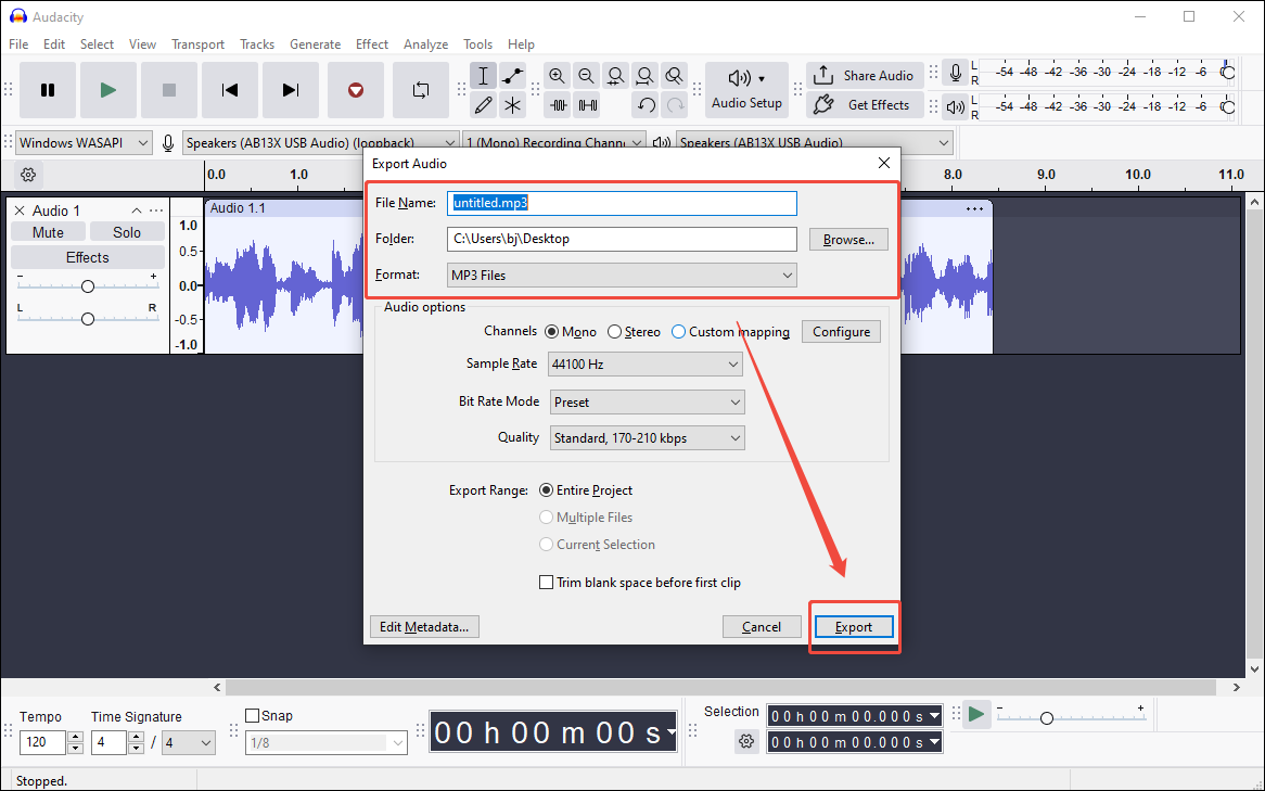 Choose MP3 as the output format and click on Export in the Export Audio window of Audacity to begin the file conversion