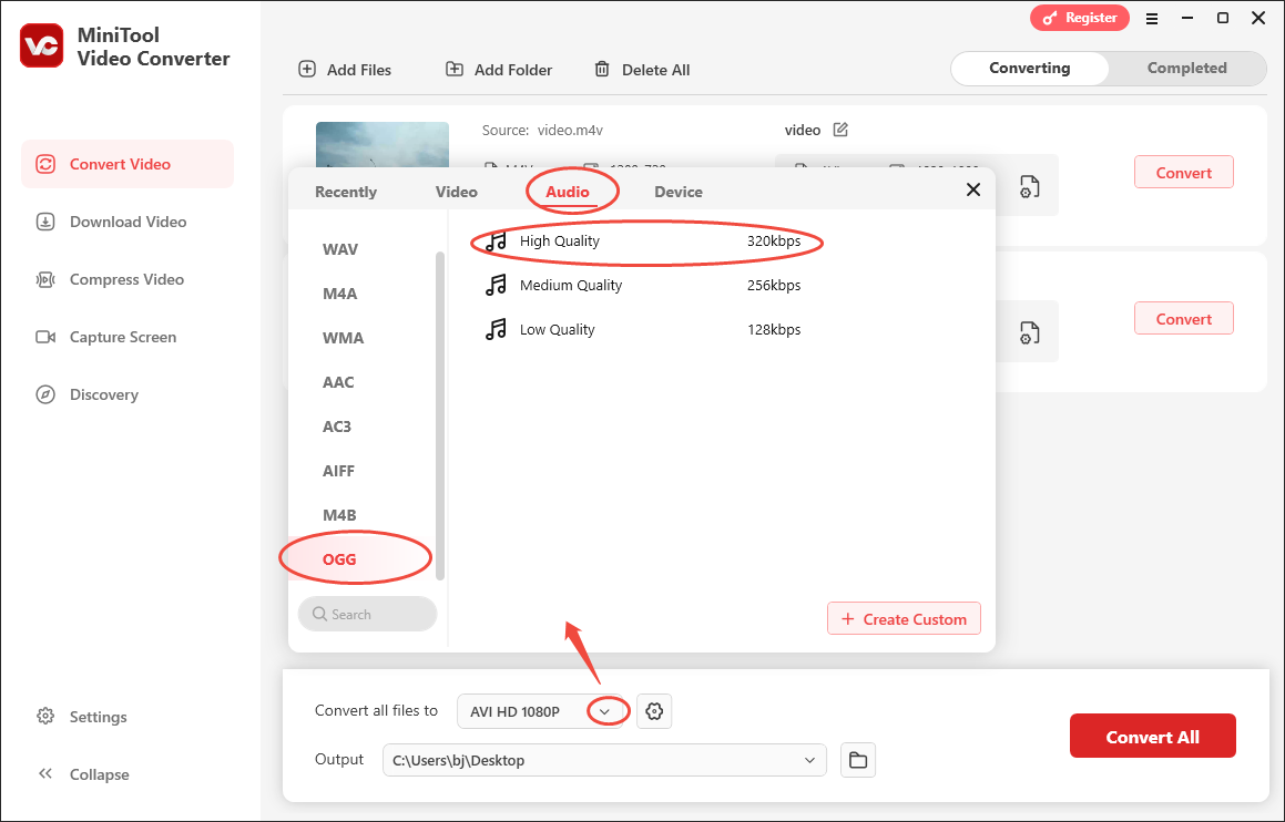Expand the Convert all files to option in MiniTool Video Converter and choose OGG High Quality as the output format