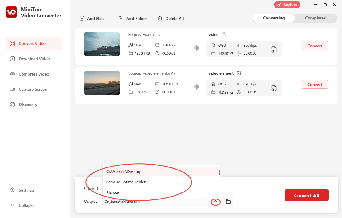 Expand the Output option in MiniTool Video Converter to choose an output location for the converted files