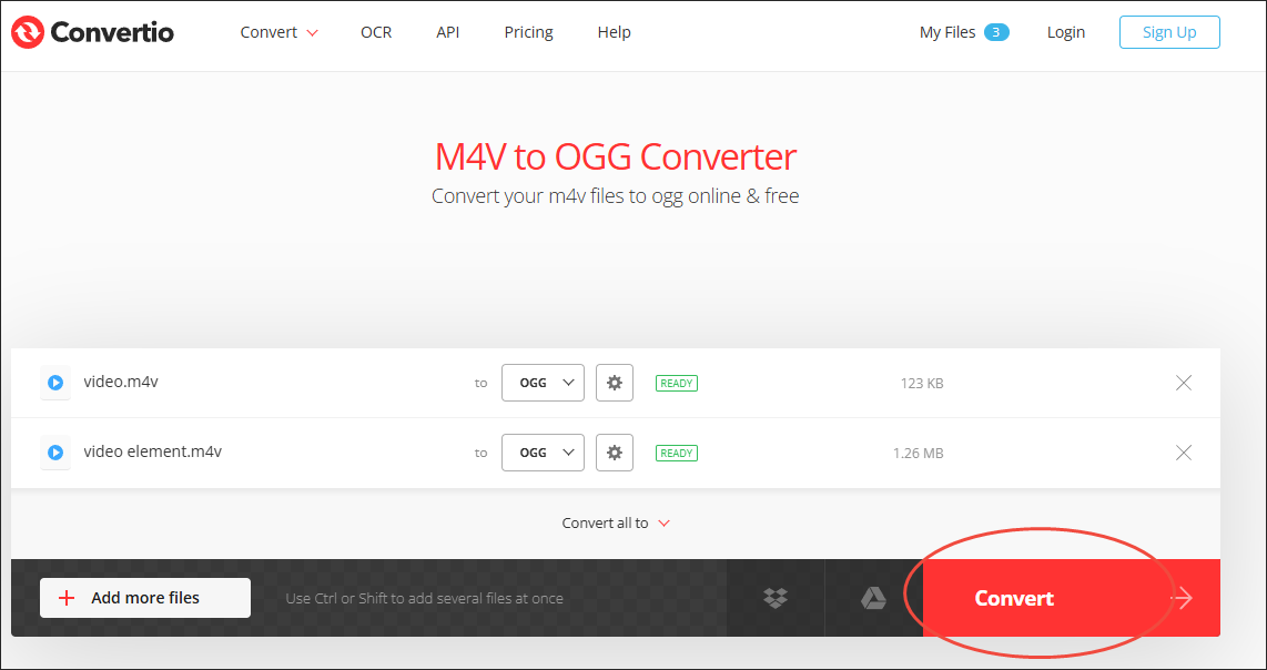 Click on Convert in Convertio to begin the conversion from M4V to OGG