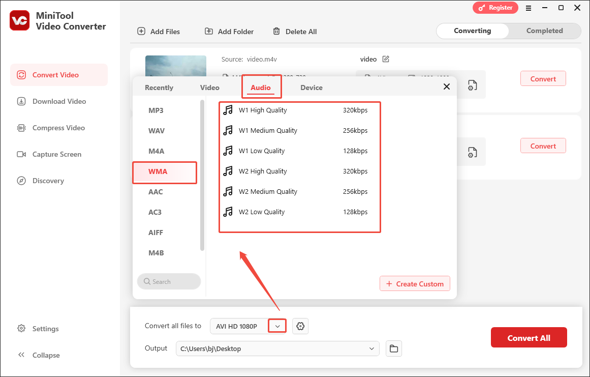 Expand the Convert all files to option in MiniTool Video Converter and choose WMA as the output format